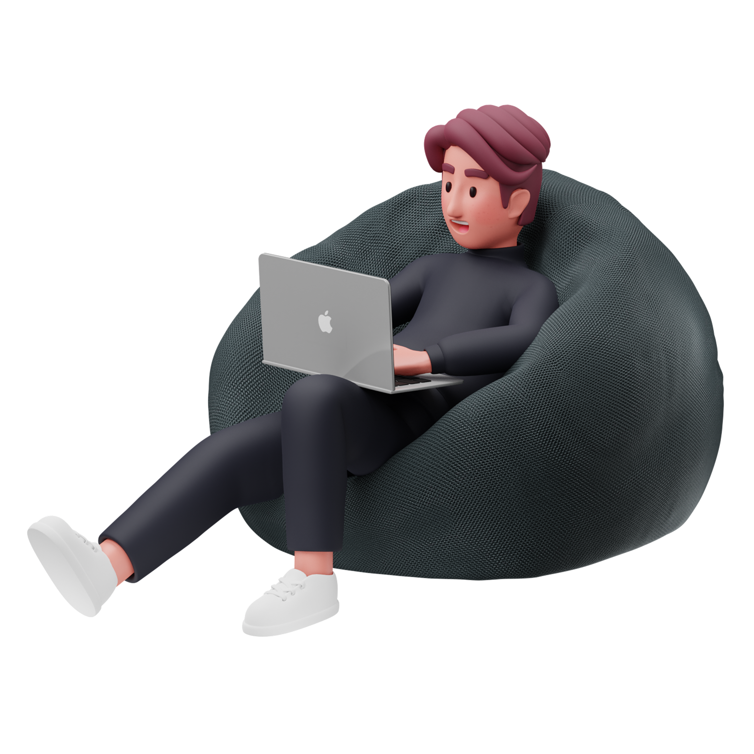 Cartoon person with black glasses and curly brown hair sitting and looking at a silver laptop with apple logo